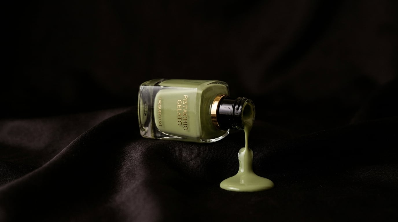 Pistachio Gelato bottle dripping on black silk