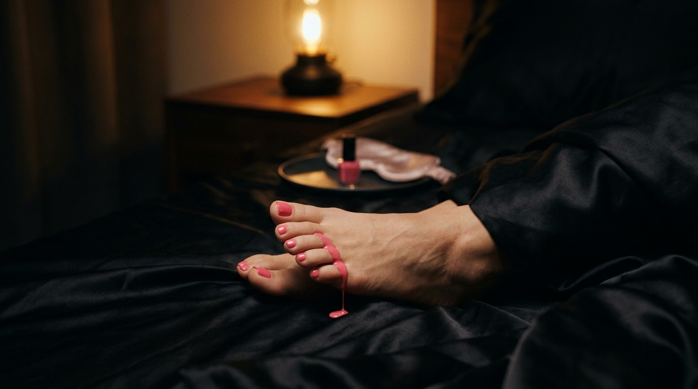 Glossy painted toes, strawberry gelato drip, black silk